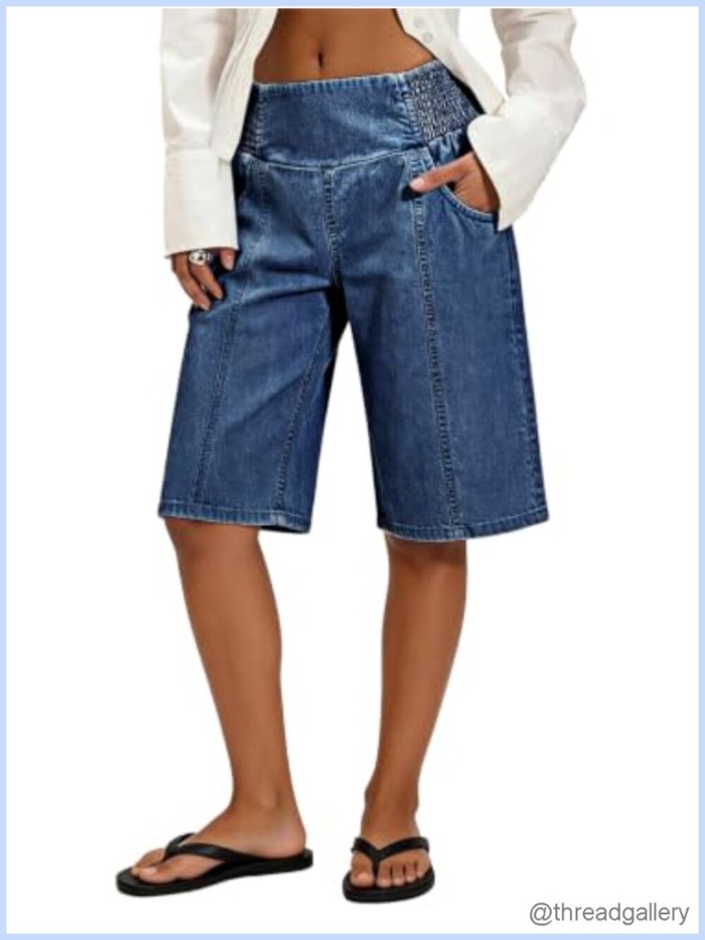 Bermuda Jean Shorts Pull On Elastic Waisted Long Denim Shorts Baggy Jorts